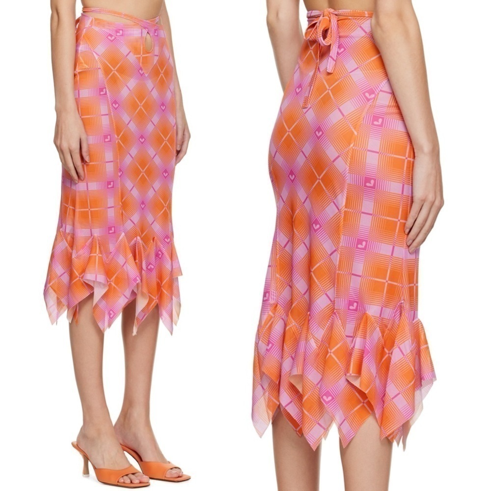 Sultry Virgin Check Midi Skirt - Orange XS - Picture 3 of 10